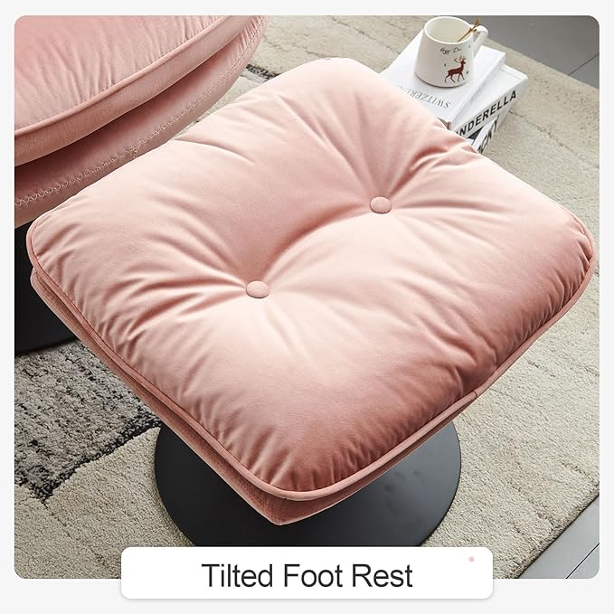 Swivel Accent Chair with Ottoman Set Velvet Modern Lounge Chair with Metal Base Frame &amp Footrest Comfy Lazy Single Leisure Armchair Reading Chair with 360 Swiveling For Living Room/Bedroom/Pink