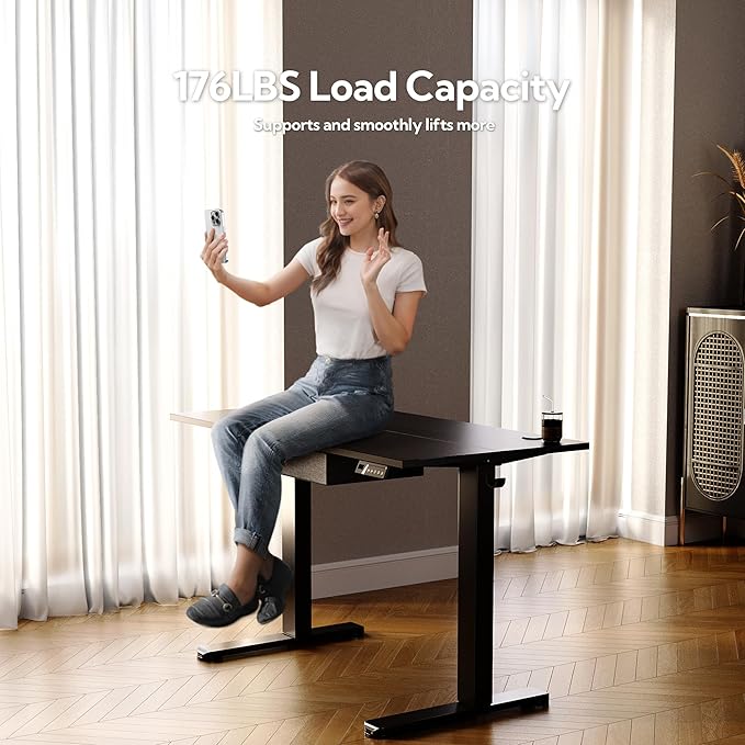 Seang Standing Desk with Drawer 48 x 24 Height Adjustable Stand Up Desk 3 Memory Height Settings with Cable Grommets &amp Storage Hooks Ideal for Home &amp Office Black