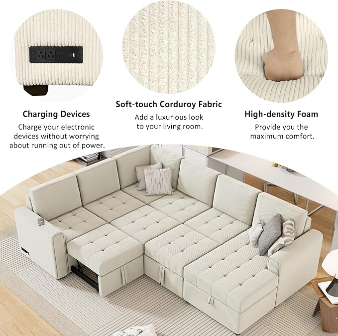 Modern 107.5 U-Shaped Sectional Sofa Convenient Pull-Out Sofa Bed with a Storage Chaise Lounge Corduroy 5 Seat Couch with Charging Devices for Living Room Apartment (Beige-8.18)