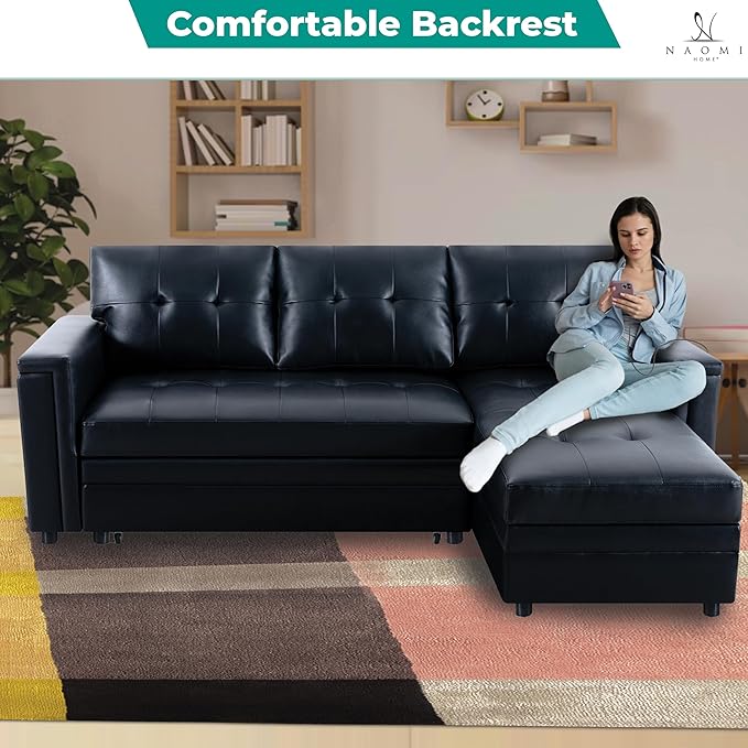 Naomi Home Lily Sectional Sleeper Sofa with USB Ports-L-Shaped Couch Convertible Pull-Out Bed Ample StorageTimeless DesignSturdy ConstructionLong-Lasting for Modern Living - Black Air Leather