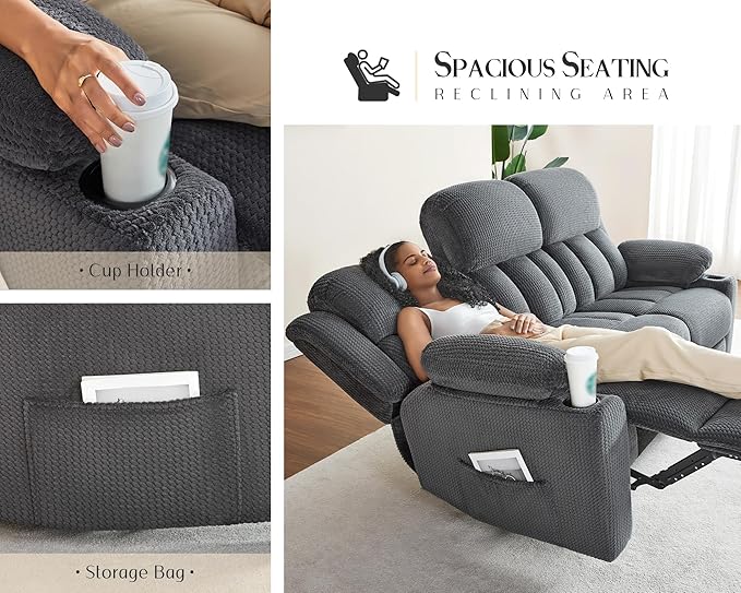 VanAcc Recliner Couch 3 Seater Sofa Recliner with Cup Holders for Living Room- 85 inch Comfy Couch with Dual Wingback Recliner Grey Oversized Recliner