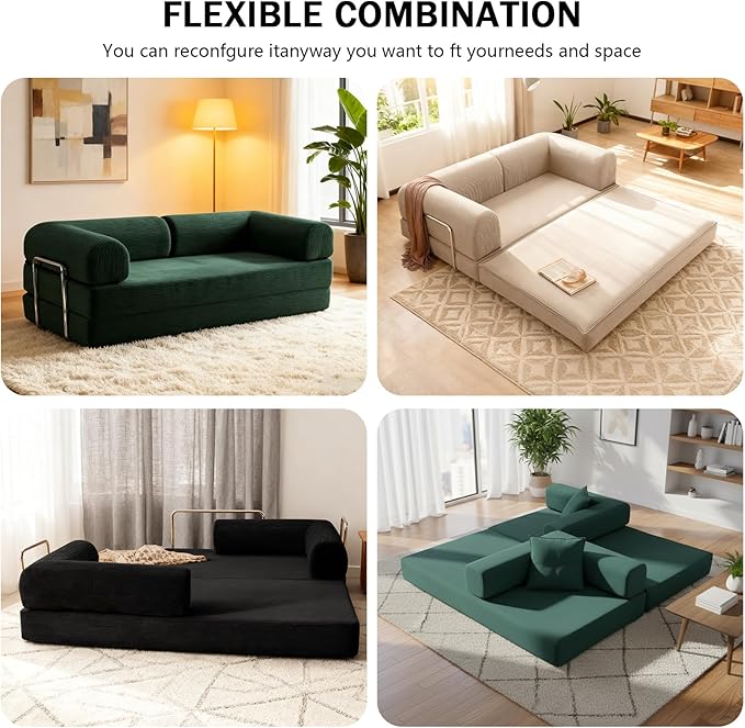 Simcat 79'' Modular Sectional Sofa Couches with Fixed-Shape Frame Memory Foam Couch Floor Sofa with Removable Armrests Pull Out Bed Convertible Sofa Bed for Living Room Bedroom Lounge (Black)
