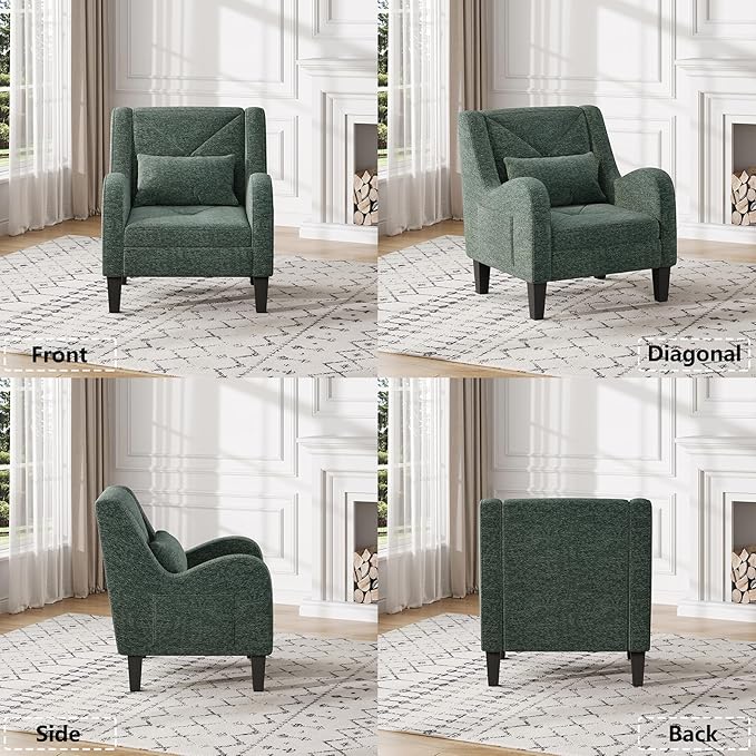 Maupvit Chenille Accent Chair for Living Room Bedroom Chair Comfy Reading Chair Upholstered Arm Chair Single Sofa Chair with Lumbar Pillow Mid Century Modern Chair for Small Spaces Green