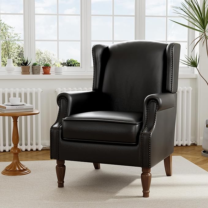 Floral High Back Accent Chair Upholstered Armchair with Solid Wood Legs Comfy Wingback Reading Single Sofa Chair for Small Spaces Living Room Bedroom(Leather Black Set of 2)