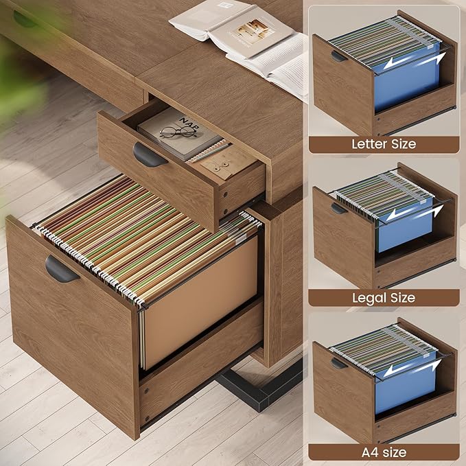 63 Executive Desk with Charging Station Large Home Office Desks with 6 Drawers and 2 Storage Cabinets File Drawer Keyboard Tray Privacy Panel Desk Grommet U-Shaped Metal Legs for Work and Study