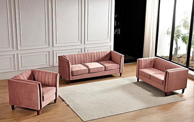 Container Furniture Modern Luxury Velvet Chair for Living Room with High Density Foam Soft Fabric Upholstery Removable Cushions and Solid Wood Legs 36.6'' Wide Armchair Rose