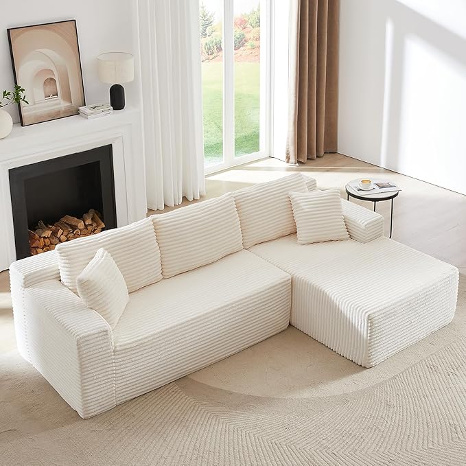 103 L-Shape Cloud Couch with Chaise Upholstered Corduroy Modular Sectional Sofa Deep Seat Couch with Free Combination for Living Room &amp ApartmentNo Assembly Required(WhiteRight Facing Chaise)