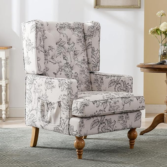 DUOMAY Tufted Accent Chair Modern Linen Upholstered Wingback Side Arm Chair for Living Room Bedroom with Wood Legs Comfy Reading Guest Chair for Office Beige Flower Pattern