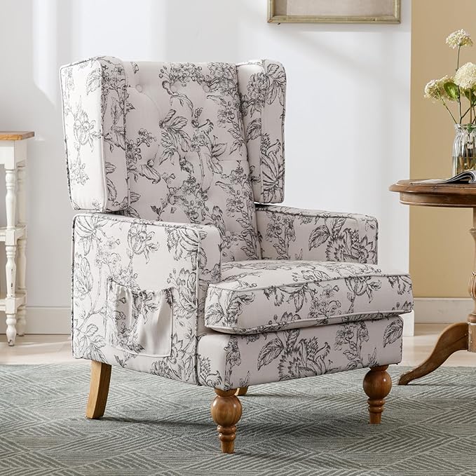 DUOMAY Tufted Accent Chair Set of 2 Modern Linen Upholstered Wingback Side Arm Chair for Living Room Bedroom with Wood Legs Comfy Reading Guest Chair for Office Beige Flower Pattern