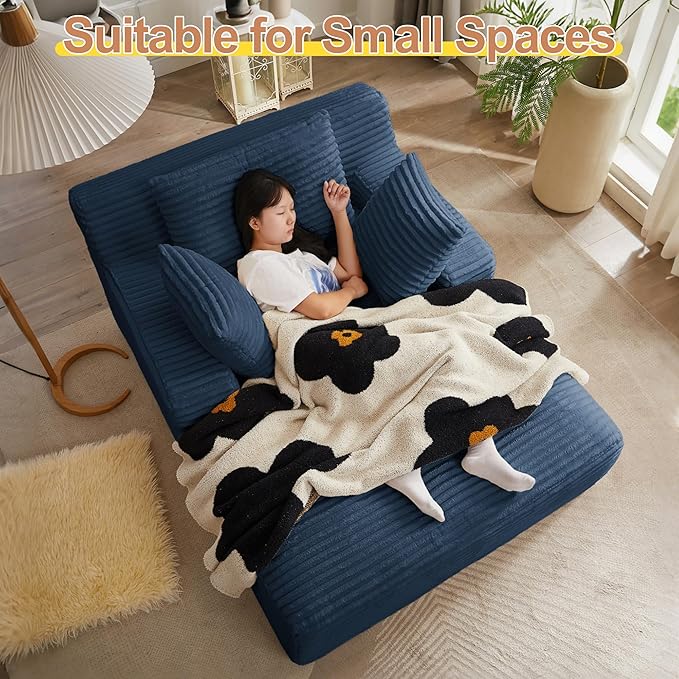 67 Oversized Chaise Lounge Chair Indoor Corduroy Boneless Chaise Lounge Sofa Chair with Pillows &amp Wide Armrest Deep Seat Fluffy Reading Chairs Small Cloud Couches for Living Room Blue