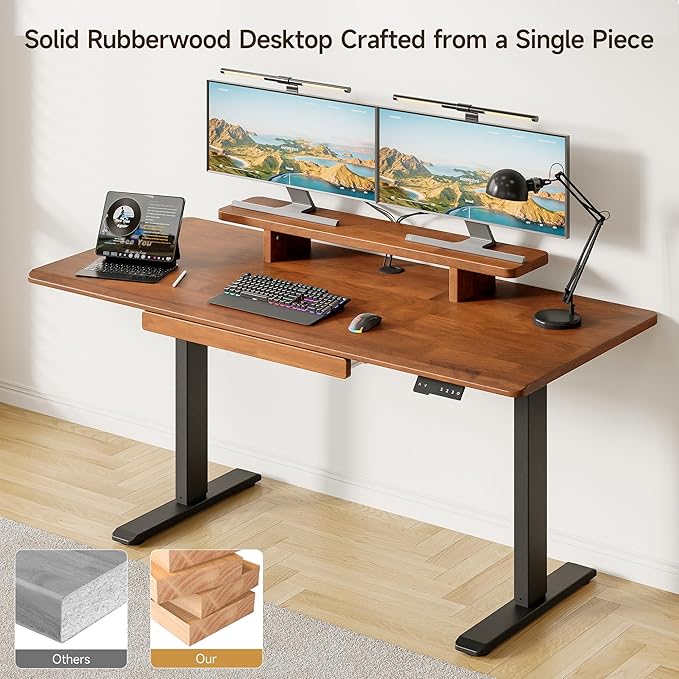 ONBRILL Standing Desk with Drawer 55x23.6 Inches Solid Wood Desktop Stand Up Desk with Whole-Piece Board and Storage Shelf Adjustable Height from 28-46 Inches for Home &amp Office Brown