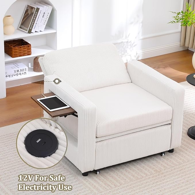 3 in 1 Folding Convertible Sleeper Sofa Bed Pull Out Couch with Side Pockets USB Port Side Table Single Sofa Bed with Adjustable Backrest for Living Room Bedroom 66 Beige 1 SEAT