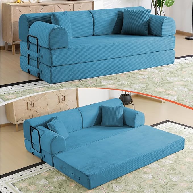 78.8 Boneless Memory Foam Couch Corduroy Convertible Floor Sofa Bed Fold-Out Sleeper Futon Loveseat Wide Armrests &amp Supportive Back 1200 lb Couch in a Box 2 Pillows Light Blue