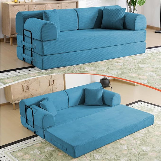 78.8 Boneless Memory Foam Couch Corduroy Convertible Floor Sofa Bed Fold-Out Sleeper Futon Loveseat Wide Armrests &amp Supportive Back 1200 lb Couch in a Box 2 Pillows Light Blue