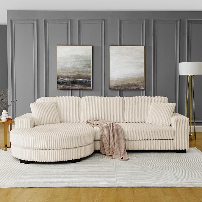 Corduroy Tufted Upholstered Sleeper Sectional Sofa L-Shaped Modular Convertible Sofa The arc-Shaped Footstool can be Placed Freely on The Left and Right (Beige + Foam + 3 Seat)