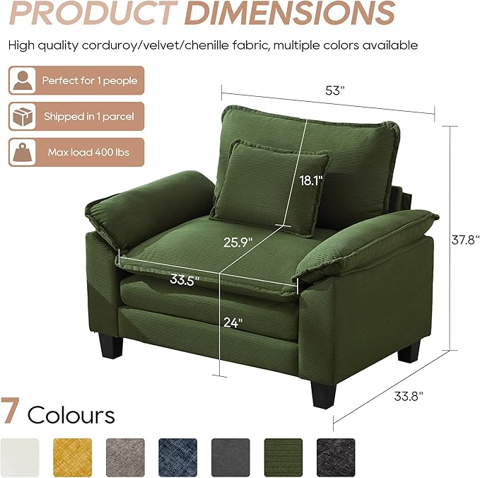 IPKIG Chenille Oversized Accent Chair - 53 W Cozy Upholstered Single Reading Armchair Modular Cloud Sofa for Living Room Bedroom Kids Room Family Room Reading Nook (Green Chair Only)