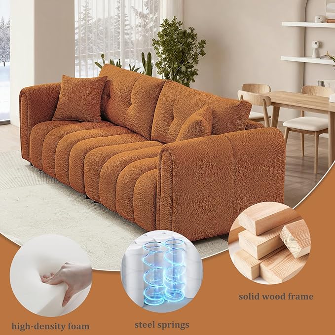 91.5 W Cloud Boucle Sofa for Living Room Modern Comfy Boucle Couch with Rolled Arms and Soft Pillows Teddy Oversized Loveseat for Apartment Studio Bedroom Orange