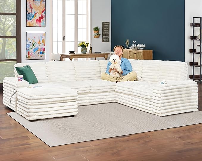PaPaJet U Shaped Couch 112 Inch Oversized Couch with Storage Sectional Sofa with Cup Holders &amp 2 USB Ports Faux Fur White Sofa