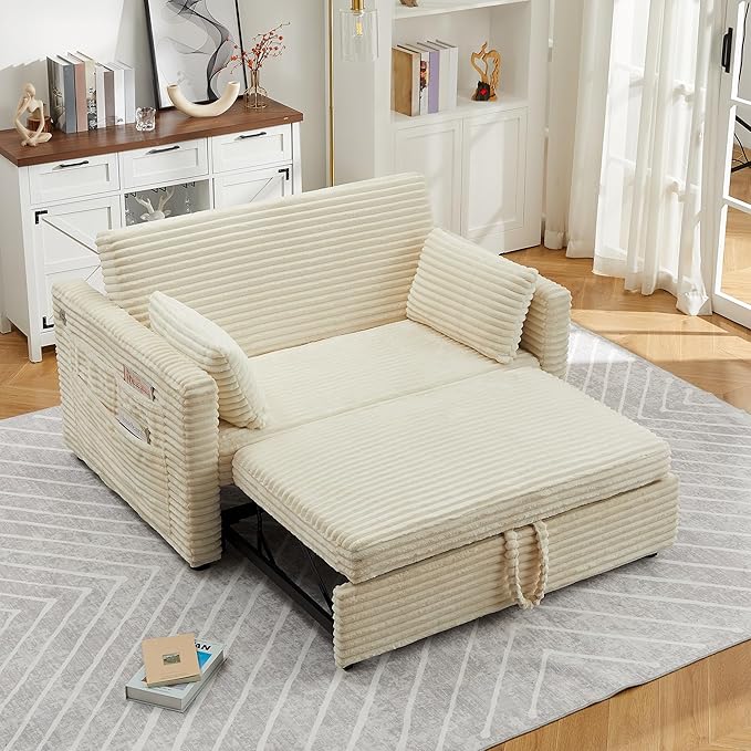 Loveseat Sleeper Sofa Bed 55'' Pull Out Couch with Adjustable Backrest Charging Station and Side Pockets Corduroy Couches for Living Room Bedroom and Apartment White