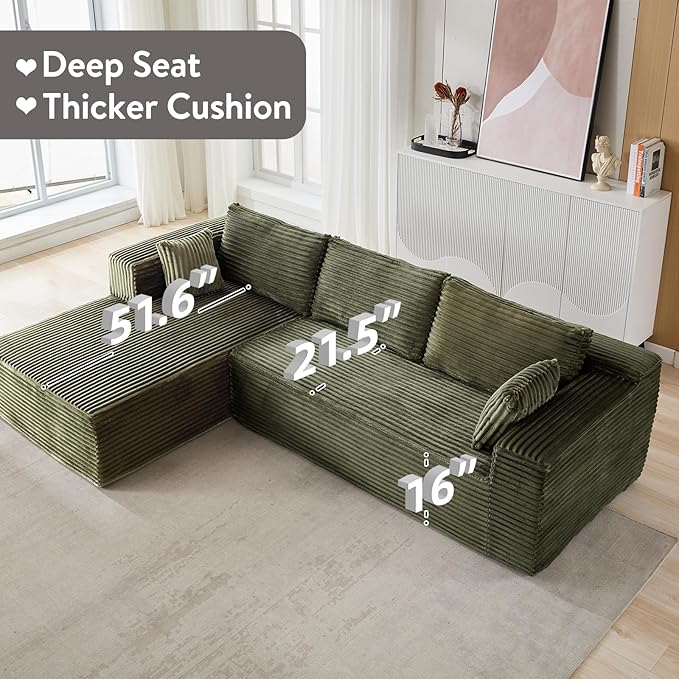 110 Modular Sectional Sofa Cloud Sectional Couch with L-Shape Chaise Modern Modular Couches with Deep Seat Corduroy Sponge Compressed Sofa for Living Room No Assembly Required (Green)