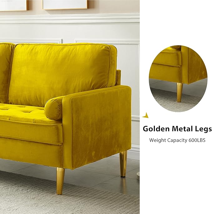 Velvet Loveseat Sofa 66.9'' Mid Century Modern Small Love Seats with 2 Pillows &amp Golden Legs Comfy Couch for Living Room Upholstered 2 Seater Sofa for Small Apartment (Yellow)
