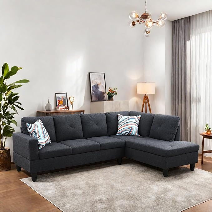 L Shaped Sectional Couch with Reversible Cup Holder and Chaise 4 Seater Lounge Sofa Modern Nailhead Design with Storage Ottoman Dark Grey