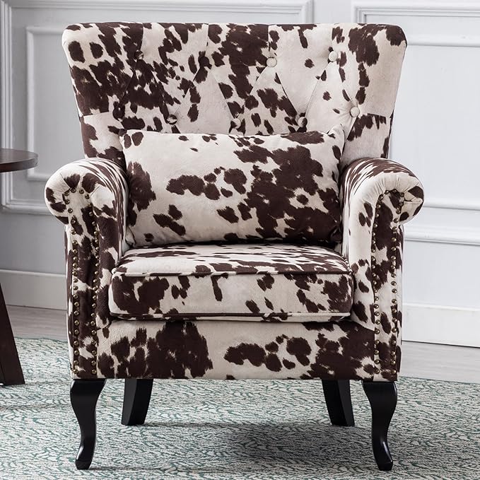 Mid Century Modern Accent Chair Upholstered Armchair Comfy Cowhide-Print Fabric Single Sofa with Tufted Wingback for Small Spaces Bedroom Living Room Cow