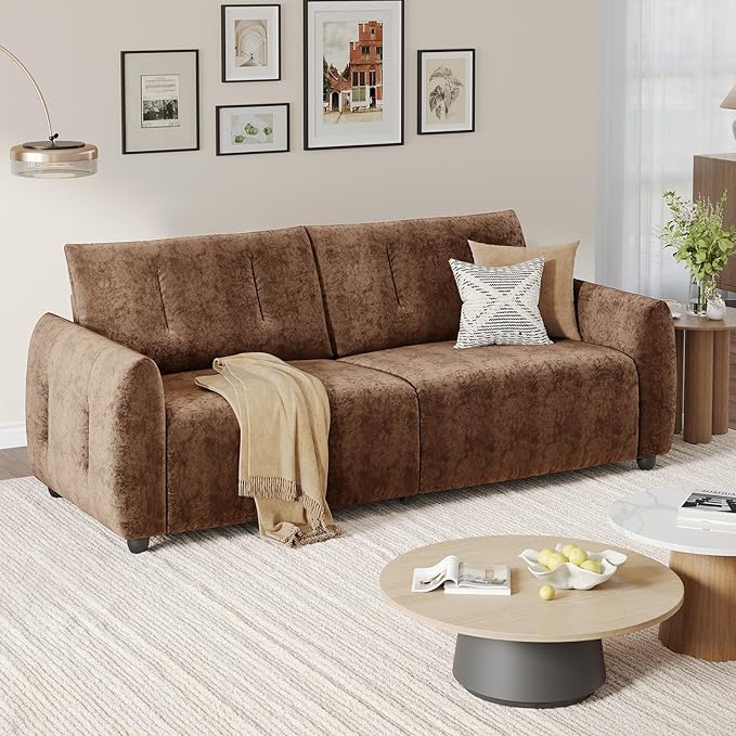 84.5 Inch Loveseat SofaModern Couch and SofaFeather-tip armrest DesignSturdy and Easy InstallationSmall Sofa for Living Room Bedroom Office and ApartmentChenille FabricBrown