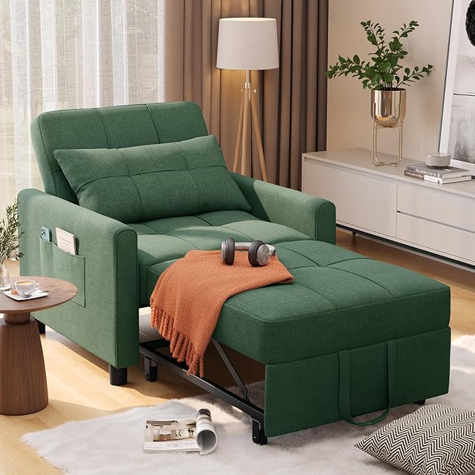 Aiho Convertible Sleeper Chair with Pillow &amp Pocket 3-in-1 Sofa Bed in Modern Linen Fabric for Apartment Green