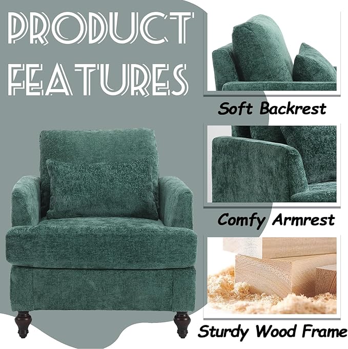 Oversized Accent Chair with Lumbar Pillow Upholstered Side Chairs for Living Room Bedroom Comfy Reading Chairs for Adults with Wide Seat Thick Cushion Soft Chenille (Emerald)