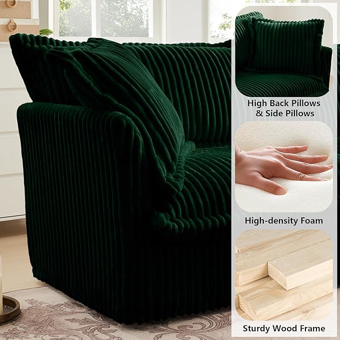 Aoowow Oversized Modular Sectional Sofa with Movable Ottoman83.4” L-Shaped Comfy 2-Seat Sofa Couch Upholstered Deep Seat Couches with Big Toss Pillows for Living Room Apartment OfficeGreen-Corduroy