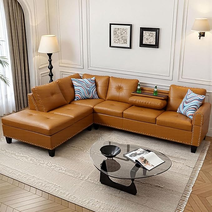 L Shape Sectional Couch with Chaise 97.5 Inch Modular Sofa with Cup Holders Sectional Couches for Living Room Ergonomic Reclined Backrest for Office and Small Apartment Ginger