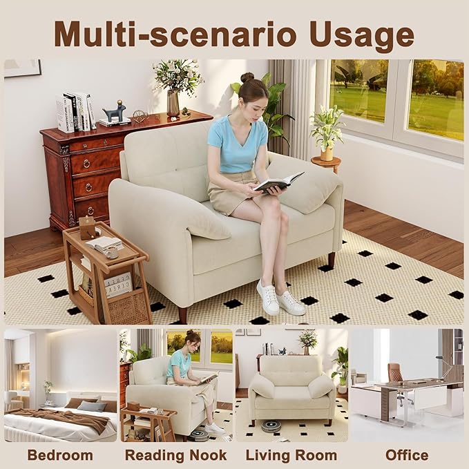 46'' W Oversized Chair Chenille Loveseat Sofa with Deep Seat Mid Century Modern Accent Chair for Living Room Upholstered Comfy Armchair for Bedroom Apartment Studio Office（1Pack Beige）