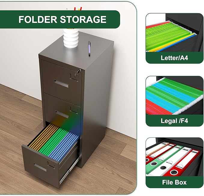 3 Drawer Small Metal Vertical File Cabinet with LockUnder Desk Storage Filing Cabinets for HomeOffice Cabinet Organizer Locking DrawersAssembly RequiredBlack