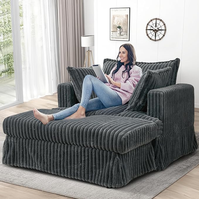 Oversized Chaise Longue IndoorComfy Upholstered Tufted Corduroy Single Sofa Couch Leisure Chair with 3 PillowDeep Seat Reclining Sleeper Sofa Chair for Living RoomBedroomOffice (Dark Gray)