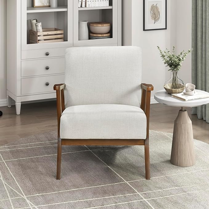 Lexicon Mid-Century Modern Accent Chair Woven Chenille Fabric Lounge Chair Chestnut Solid Wood Frame Wide Arm Rest and Cushioned Comfort for Living Room/Office/Bedroom/Reading Nook Beige