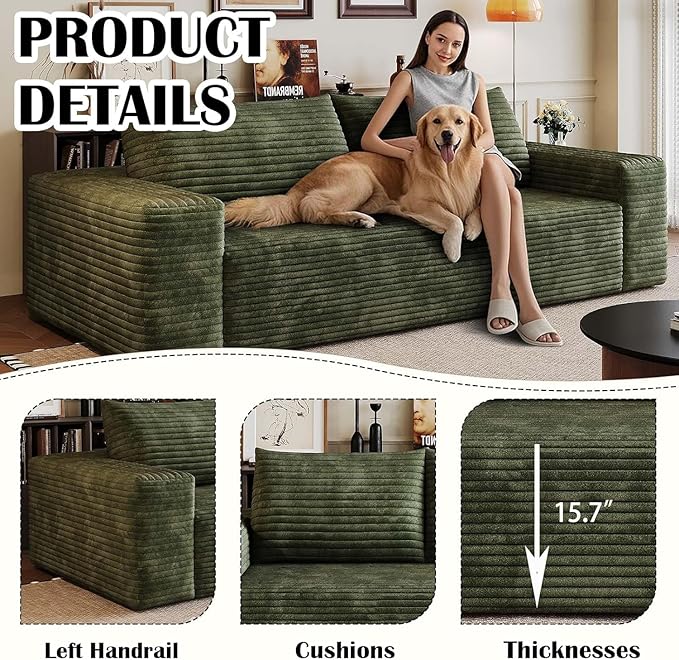 71 Cloud Boneless Loveseat Sofa Couch Bean Bag 3-Seater Couch with Memory Foam Corduroy Comfy Floor Sofa Deep Seat for Living Room Bedroom Apartment No Assembly (Green)