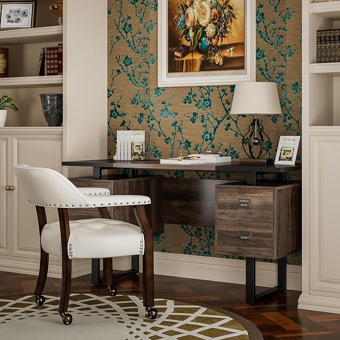 Computer Desk with Drawers 59 L Contemporary Home Office Laptop Desk with Floating Desktop and 4 Storage Drawers Vintage Study Gaming Table with Metal Frame Black &amp Walnut CTSZ20401WACM