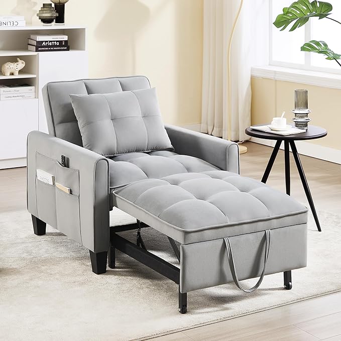 Convertible Sleeper Chair 3 in 1 Sleeper Chair Bed Pull Out Sofa Bed Chairs Velvet Single Sofa Beds with Adjustable Backrest for Adults Reading Living Room Bedroom Light Grey