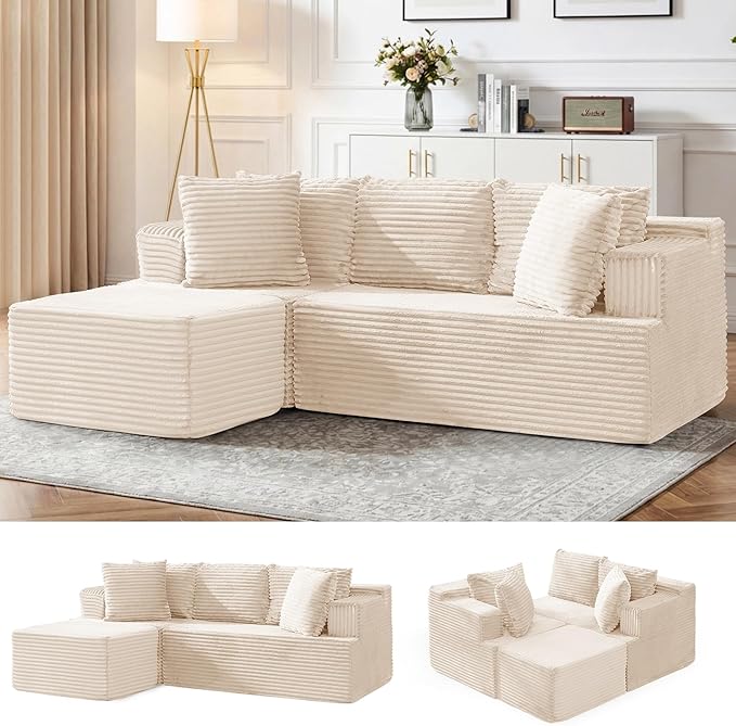 80 Cloud Modular Sectional Sofa with L-Shaped Boneless Couches for Living Room Fluffy Comfy Corduroy Deep Seat with Ottoman Bedroom Apartment No Assembly Required
