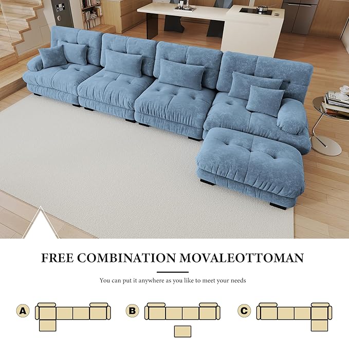 173.2 Oversized Modular Sectional Sofa 4 Seater Blue Large Sectional Couches for Living Room Chenille Fabric Sofa Set Cloud Couches with Ottoman Deep Seat Modern Sofas para Sala L Shaped