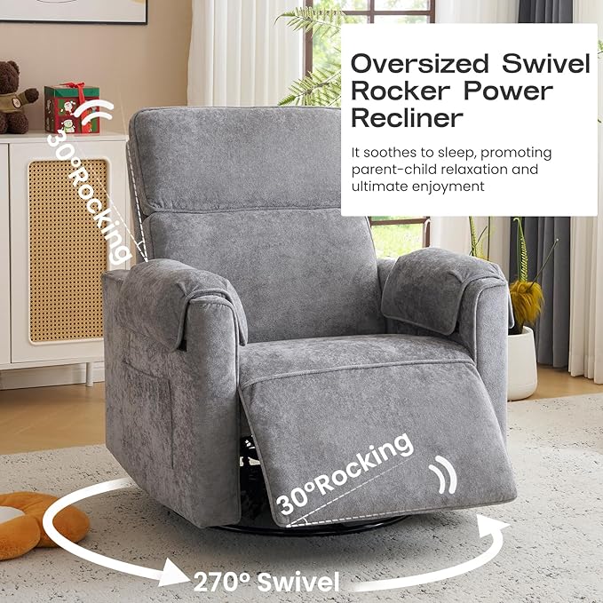Oversized Power Recliner Chair with Adjustable Headrest Swivel Rocking Recliner Chair for Adults 26 Extra Wide Glider Nursery Chair with Overstuffed Armrest for Living Room USB Ports Grey