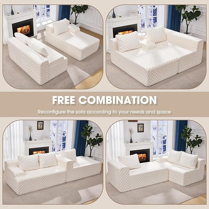 Modular Sectional Sofa Couches L-Shape Couch 3 Seat Modular Sofa Memory Foam Sectional Couches for Living Room Cloud Couch with Oversized Chaise (White Check 96 Right Facing Chaise)
