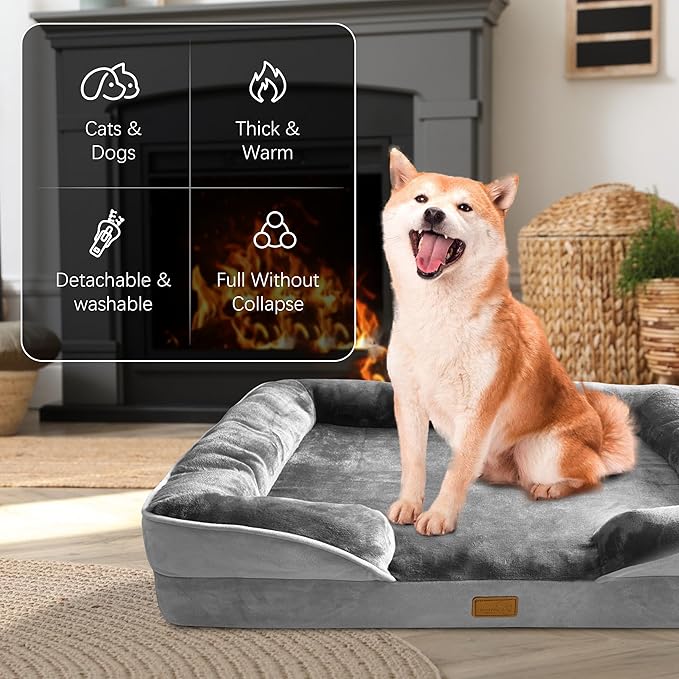 Orthopedic Dog Bed with Sides - Dog Sofa Beds for Large Dogs Supportive Foam Pet Couch Bed with Washable Removable Cover Waterproof Lining and Non-Slip Bottom Grey - L