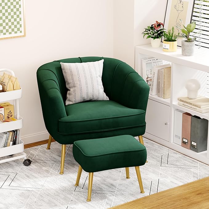 Velvet Accent Chairs with Ottoman for Living Room Bedroom Office Leisure Upholstered Single Sofa Chair Arm Chair Comfy Chair Reading Club Coffee Chair with Metal Legs Green