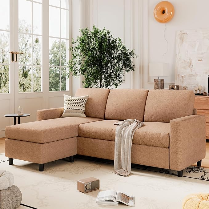 SUNLEI Sectional Sofa Couches for Living Room L Shaped Couch with Reversible Chaise Modern Linen Convertible Sectional Sofa for Small Space as Apartment Brown