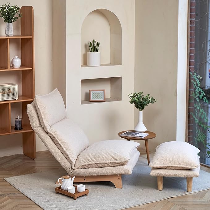 Floor Chair Single Lazy Sofa Leisure Balcony Reclining Japanese Tatami Adjustable Recliner with Ottoman for Living Room Bedroom Indoor Use (Stacked Footstool Beige)
