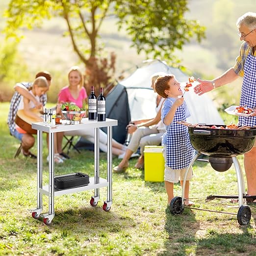 VEVOR Stainless Steel Work Table 30 x 12 x 34 Inch 700 LBS Load Capacity with 4 Wheels 3 Adjustable Height Levels Heavy Duty Food Prep Worktable for Commercial Kitchen Restaurant Silver