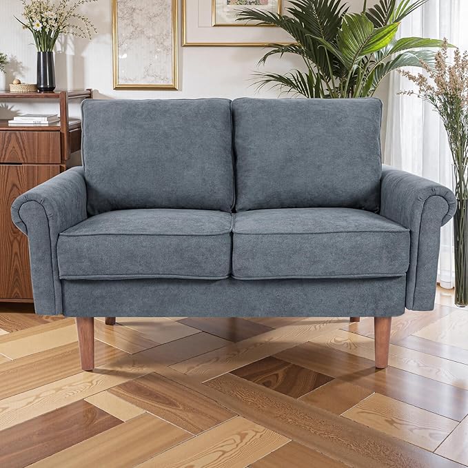 57-Inch Modern Velvet Loveseat Sofa with Rolled Armrests Removable Cushions Solid Wood Legs Comfy Two-Seater Sleeper Couch Easy Assembly for Living Room Bedroom Office Gray