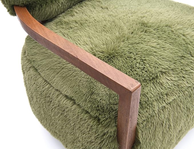Modern Luxury Reading Chair with Wooden HandrailComfortable Faux Fur Side Chair Accent Chair for ApartmentLiving RoomOfficeStudyGreen.